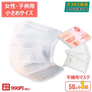 土日祝除くマスク 小さいサイズ 子供用  小さめ 女性用 使い捨て 安い ネコポス 50枚 +1枚 白 ホワイト プリーツマスク 立体3層不織布