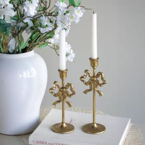 リボンモチーフ キャンドルホルダー 2本セット ゴールド キャンドル