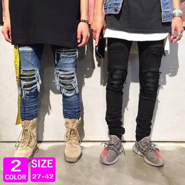 ダメージジーンズ クラッシュ ダメージジーンズ メンズ 春夏 デニム スキニー パンツ ストリートフ...