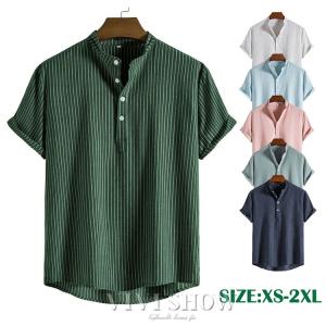 Ｔシャツ メンズ リネン ストライプ リネンシャツ 半袖 夏 男性用 トップス 半袖Ｔシャツ ヘンリーネック カジュアル 綿麻