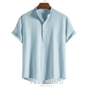 在庫処分即日 Ｔシャツ メンズ リネン ストライプ リネンシャツ 半袖 夏 男性用 トップス 半袖Ｔシャツ ヘンリーネック カジュアル 綿麻