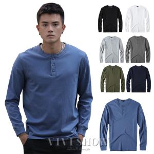 Tシャツ メンズ ロングtシャツ ロンt トップス 長袖 ヘンリーネック 3つボタン 無地  カットソー 薄手 父の日 プレゼント