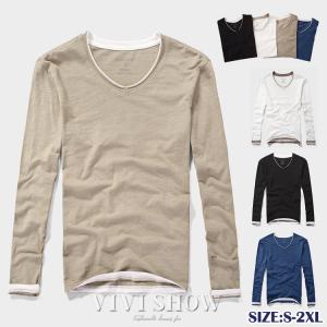 Tシャツ メンズ  長袖 ロンT Vネック ロングTシャツ シンプル カジュアル トップス Tシャツ スリム 薄手 紳士