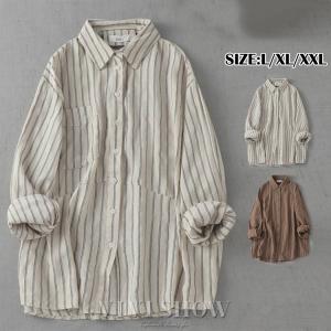 シャツ レディース トップス 長袖 羽織り ストライプ柄 綿麻混 ゆるっと オーバー 大きいサイズ ラフシルエット ストレスフリー