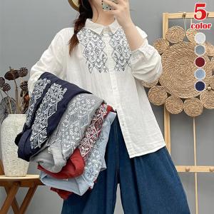 シャツ ブラウス レディース  カジュアル おしゃれ 綿麻 アラベスク 刺繍  長袖 トップス