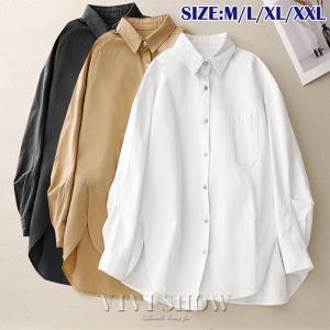 シャツブラウス レディース 無地 襟付き 長袖  前開き 胸ポケット付き 柔らかい ゆったりシンプル 春夏秋