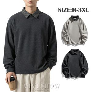 長袖tシャツ 重ね着風 メンズ フェイクシャツ付き 大きいサイズ 長袖 折り襟 色切り替え フェイクレイヤード