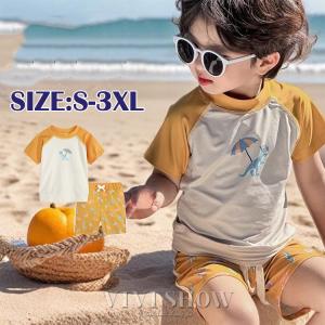 キッズ 水着 男の子 ラッシュガード 半袖 帽子付き 2点セット おしゃれ かっこいい 上下 スイムパンツ 子ども