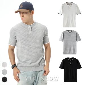 ヘンリーネック 半袖ニット メンズ クルーネック サマーニット ニットTシャツ 冷感 洗える無地 シンプル ゆったり カジュアル