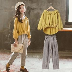 子供服 セットアップ キッズ 女の子 長袖 春秋 上下セット 韓国子供服 ジュニア ブラウス シャツ 無地 長ズボン チェック柄 カジュアル 可愛い おしゃれ 通学着