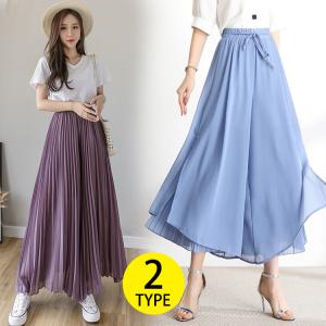 プリーツワイドパンツ レディース シフォン プリーツ ガウチョパンツ レディースレディース 大人 パンツ ボトムス