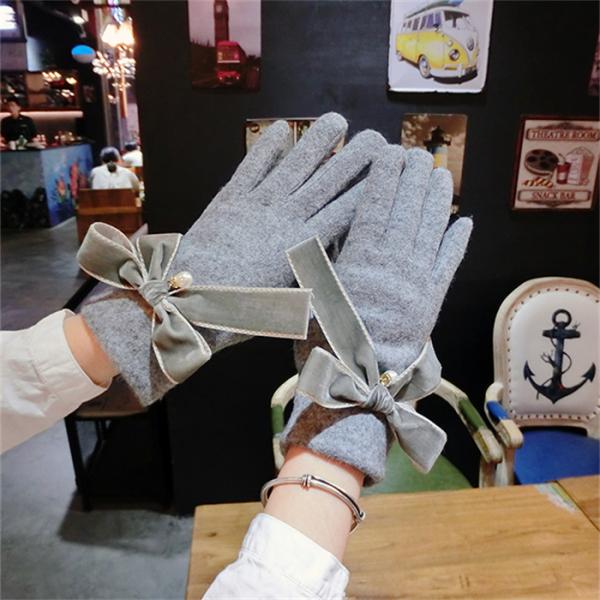 在庫処分即日発送 レディース 手袋 リボン付き ウール混 スマートフォン対応 五本指 裏起毛 裏ボア...