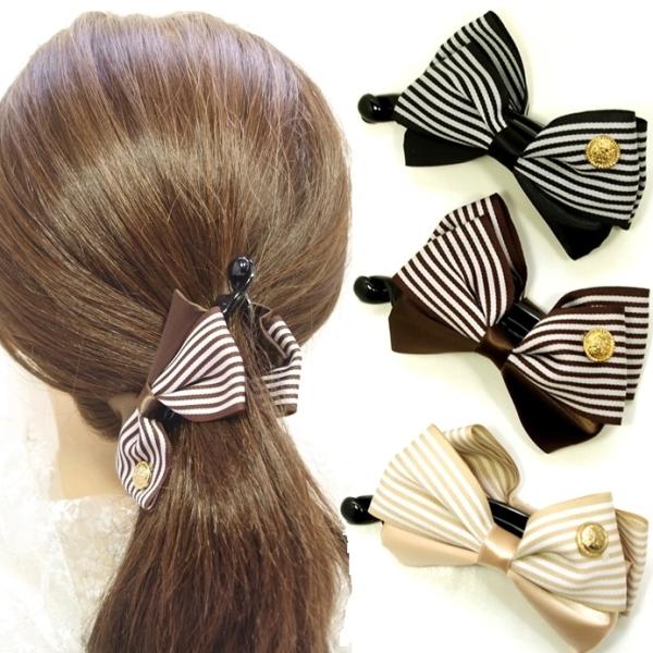 バナナクリップ リボン ストライプ グログランｘサテン  ゴールド コインチャーム付 おしゃれ 髪ど...