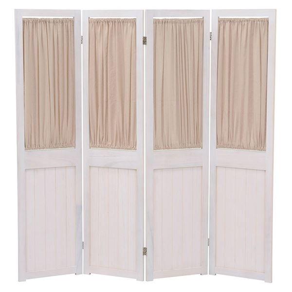 パーテーション 衝立 4連 約幅40cm アンティークホワイト 木製 桐材 取り外し式カーテン付き ...