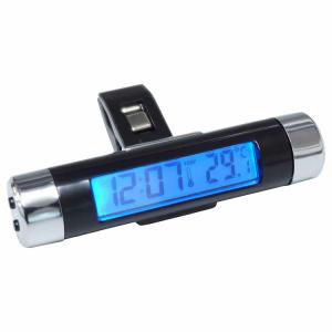 車載 デジタル時計 温度計 クリップ 両面テープ 簡単設置 電池式 ブルーLED バックライト 小型 エアコン 吹き出し口｜フォーゲル