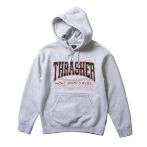 スラッシャー パーカー メンズ HUF×THRASHER ハフ×スラッシャー THRASHER HUF×THRASHERダブルネーム プルオーバー 裏起毛 Lサイズ 杢グレー｜vol8