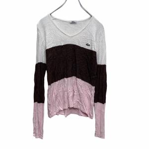 LACOSTE 薄手 ニット トップス ウィメンズ S ホワイト ピンク ブラウン ラコステ ロゴ 古着卸 アメリカ仕入 a502-5068