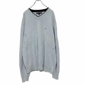 TOMMY HILFIGER コットンニット L ブルー系 トミーヒルフィガー Vネック 刺繍ロゴ セーター 古着卸 アメリカ仕入 a503-5725