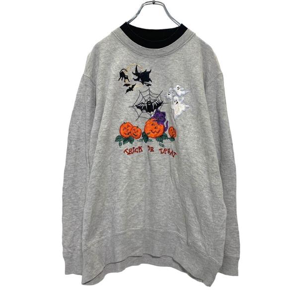 刺繍 スウェット トレーナー M グレー ハロウィン TRICK OR TREAT フェイクレイヤー...