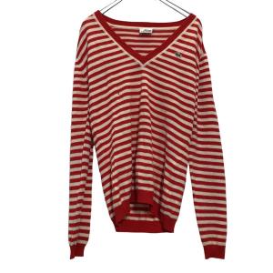 LACOSTE ニットセーター L レッド ホワイト ボーダー ラコステ Vネック ワンポイント 古着卸 アメリカ仕入 a504-5216