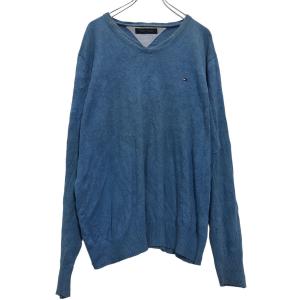 TOMMYHILFIGER ニットセーター XL ブルー トミーヒルフィガー ビッグサイズ ラウンドネック ワンポイント 古着卸 アメリカ仕入 a504-5225