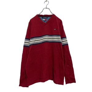 TOMMY HILFIGER 長袖 ロゴTシャツ M バーガンディ トミーヒルフィガー ボーダー切替 ロンT ロングTシャツ 古着卸 アメリカ仕入 a604-6049