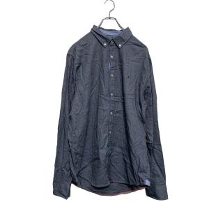 TOMMY HILFIGER 長袖 柄シャツ M〜 ネイビー トミーヒルフィガー ボタンダウン ワンポイントロゴ 古着卸 アメリカ仕入 a604-6119