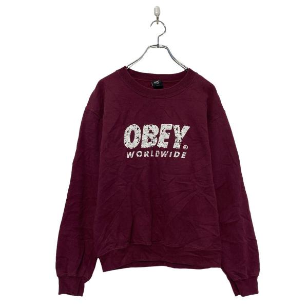 OBEY プリント スウェット トレーナー オベイ ワインレッド S 裏起毛 古着卸 アメリカ仕入 ...