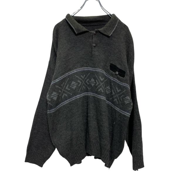 ハーフボタン アクリルニット セーター XL〜 ダークグレー ビッグサイズ ノルディック 古着卸 ア...