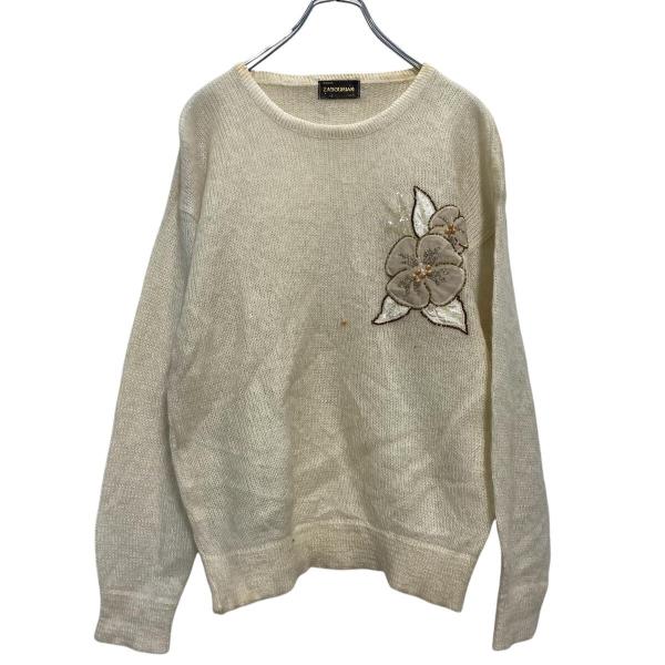 ZADOURIAN モヘア混紡 ビジュー ニット セーター レディース XL〜 オフホワイト 花 古...