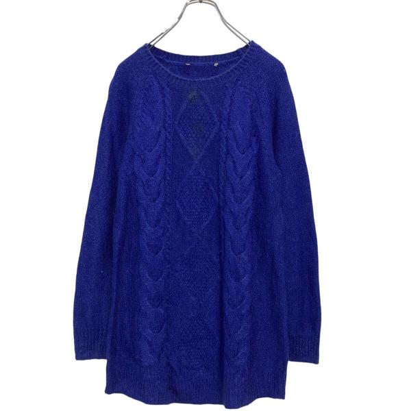 アクリル モヘア混紡 ニット セーター レディース XL〜 ブルー ケーブル編み 古着卸 アメリカ仕...