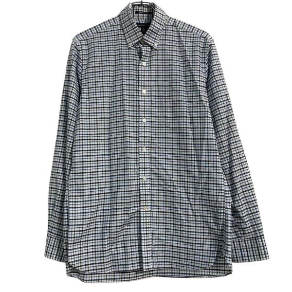 LANDS’ END 長袖 チェックシャツ M 程 ブルー系 マルチカラー ランズエンド ボタンダウ...