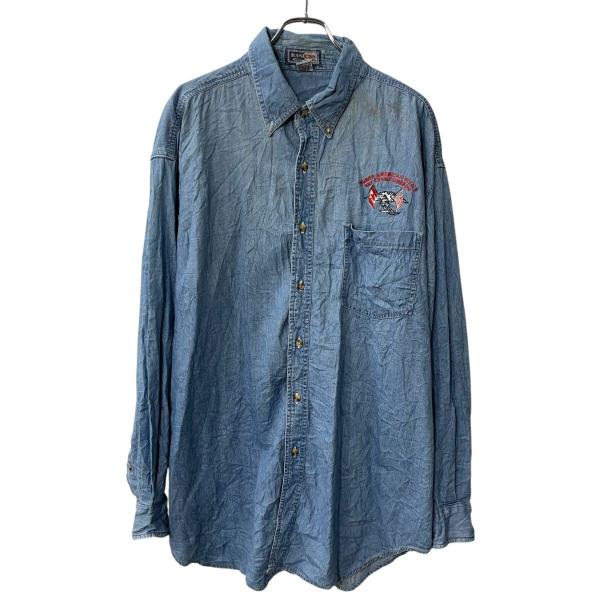 BASICSS 長袖 デニムシャツ XL ライトブルー ボタンダウン 刺繍 プリント シンプル 胸ポ...