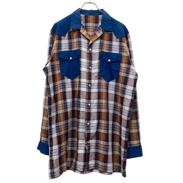 長袖 チェックシャツ XL位 ネイビー マルチカラー スナップボタン ウエスタン 開襟シャツ オープ...