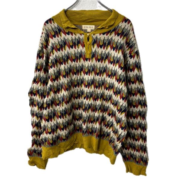 PALAVA ニット セーター 2XL イエロー マルチカラー ハーフボタン 総柄 ビッグサイズ プ...