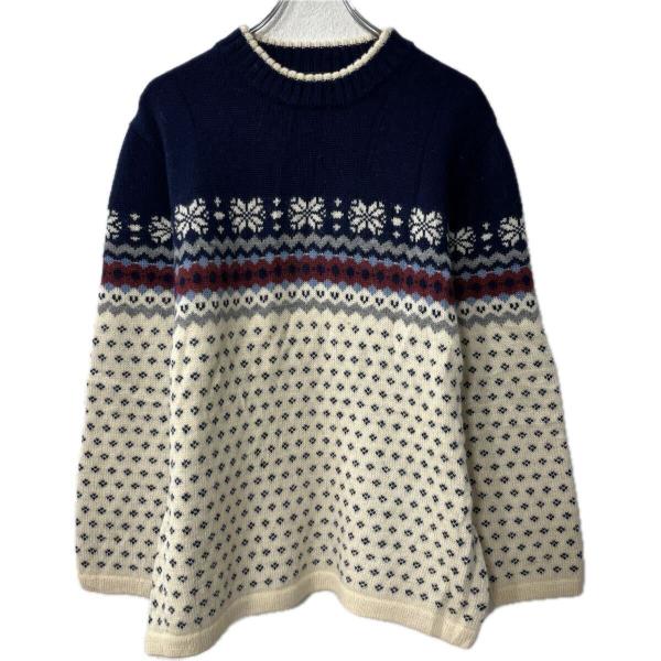 LANDS' END ウールニット セーター M ネイビー アイボリー ウール ノルディック柄 プル...
