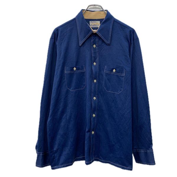 70s Arrow 長袖 無地シャツ XL ブルー アロー ボタン 70年代 ロングポイント ステッ...