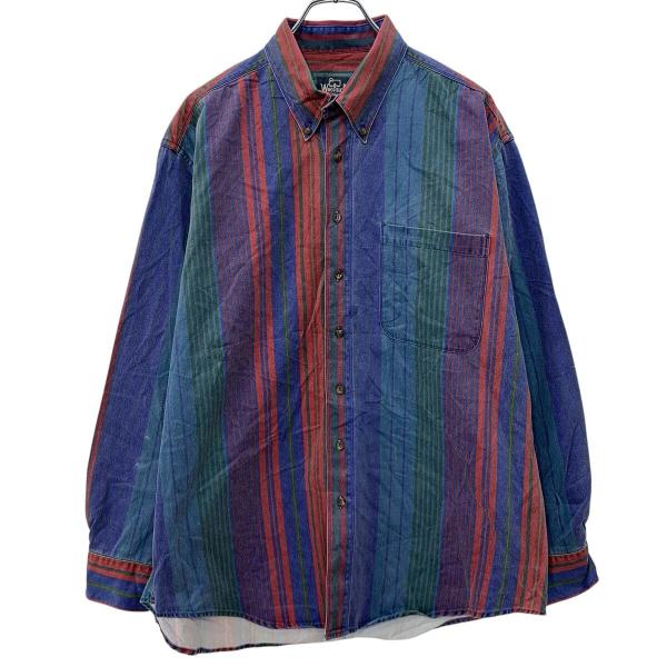 90s Woolrich 長袖 ストライプシャツ L ブルー マルチカラー ウールリッチ ボタンダウ...