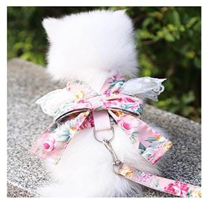 Kisata 犬 ハーネス リードセット メッシュ 和風 花柄 蝶結びとレース付き かわいい 犬用胴輪ハーネス マジッ