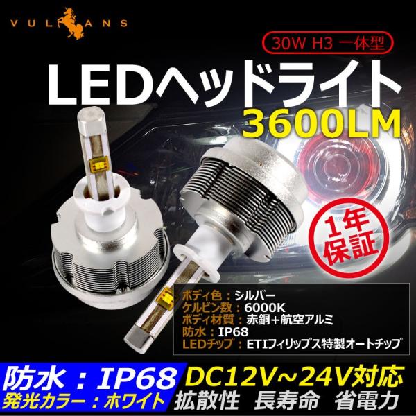 30W H3 一体型 LEDヘッドライト 3600LM 12V/24V対応 ホワイト IP68 ファ...