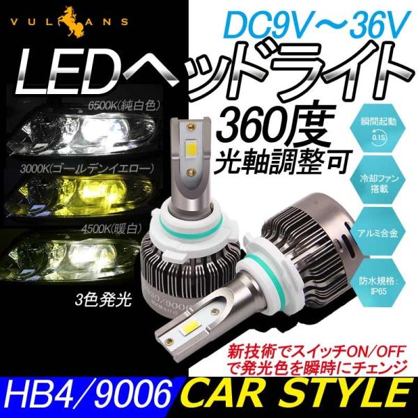 「セール価格」LEDヘッドライト 3色発光 HB4/9006 360度光軸調整可 2個set DC9...