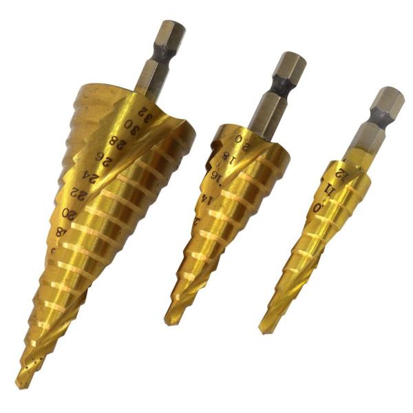 【非公開】スパイラル ステップドリル 3本セット 六角軸 チタンコーティング HSS鋼 穴あけ タケ...
