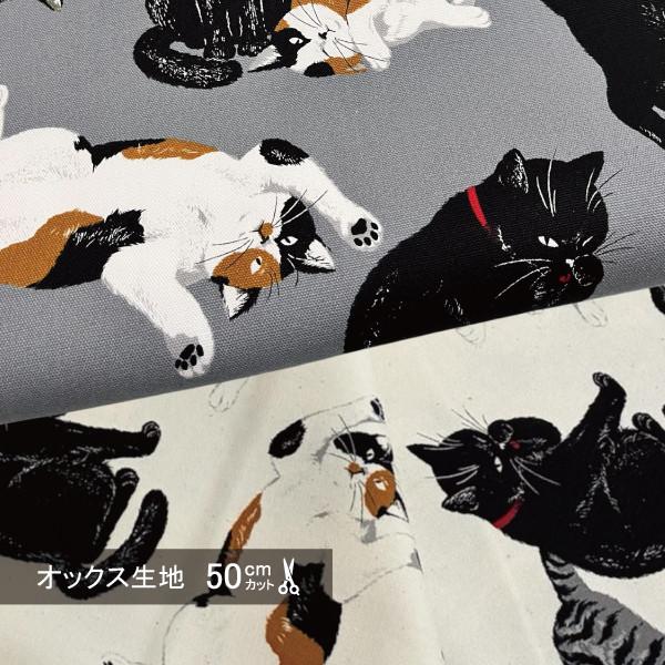 オックス 生地 のんびり 猫 三毛猫 サバ猫 黒猫 コスモ 50cm単位 綿100％