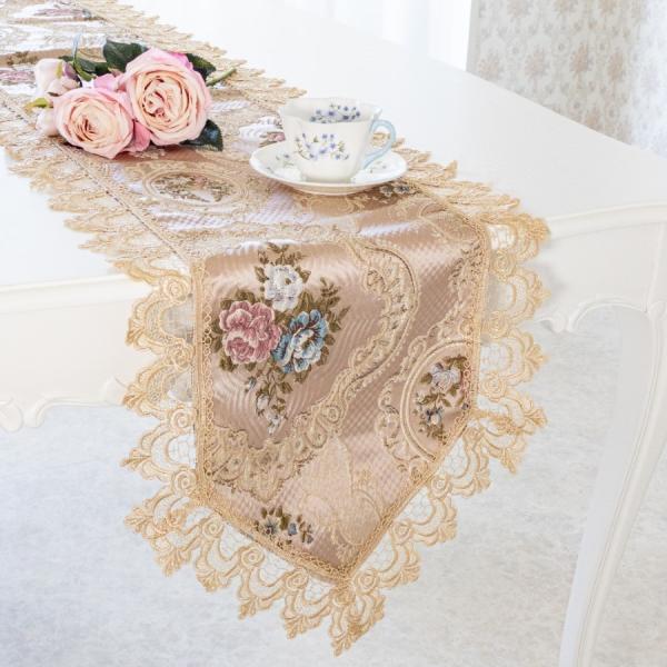 テーブルランナー おしゃれ ピンク 40×220 布 レース 花柄 バラ 刺繍 センター フランスア...
