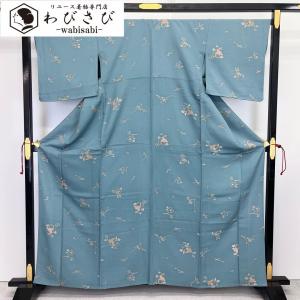単衣 小紋 椿の花模様 縮緬 濃浅葱鼠色 トールサイズ しつけ糸 K-3939  