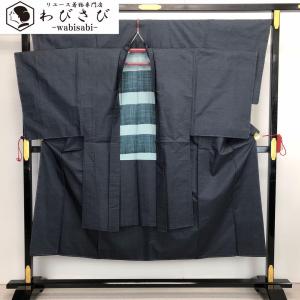 男着物 大島紬 アンサンブル 120亀甲 藍泥染 薄藍色 しつけ糸 M-1036｜wabisabi-kimono