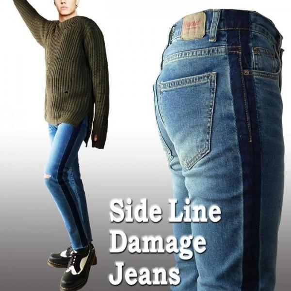 サイドライン クラッシュ スキニー ジーンズ/側章 クラッシュ ダメージ スキニー パンツ デニム ...