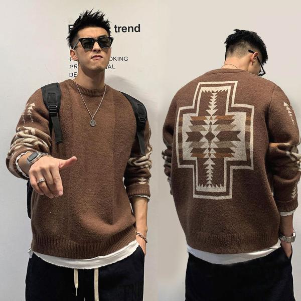 セーター ネイティブ柄 インディアン柄 民族柄 丸首 クールネック 長袖 メンズ ニット 大き目サイ...