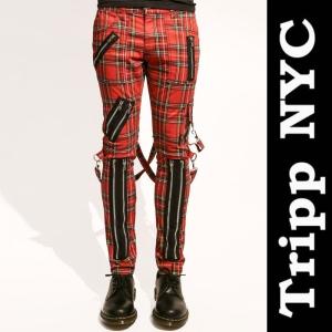 ボンテージパンツ TRIPP NYC(トリップニューヨーク) ジップデザイン レッドチェック スキニーパンツ カーゴ 赤 チェック スキニー パンク ロック ファッション｜wad-shop