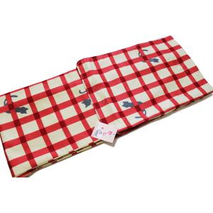 猫柄 お仕立て上がり 袷せ 着物-薄ベージュ×赤色格子（ML各サイズ有/地色：薄ベージュ×赤色/洗える/仕立て上がり